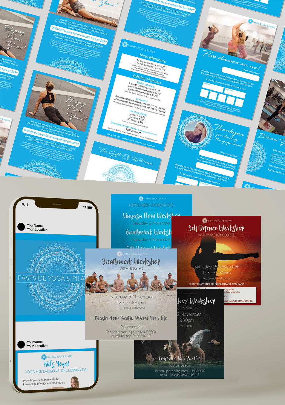 Eastside Yoga and Pilates - Instagram graphics and voucher and flyer promos